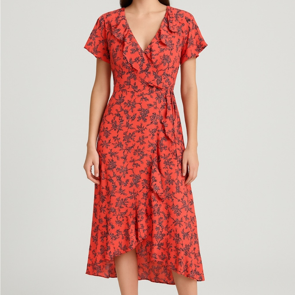 Time and Tru Orange and Navy Blue Floral High Low Dress